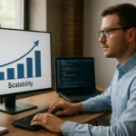 Férfi a számítógépnél, skálázhatóságot bemutató grafikonnal.