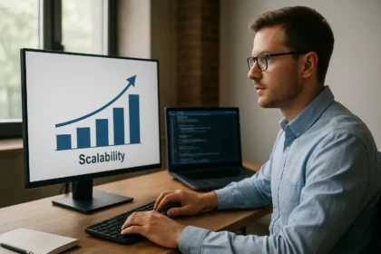 Férfi a számítógépnél, skálázhatóságot bemutató grafikonnal.