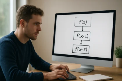 Programozó rekurzív függvény ábrával a monitoron