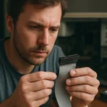 Férfi a Parallel ATA kábel egy részét vizsgálja számítógép előtt.