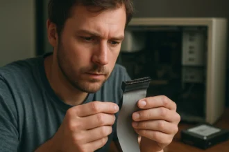 Férfi a Parallel ATA kábel egy részét vizsgálja számítógép előtt.