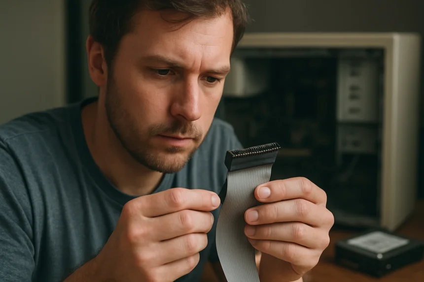 Férfi a Parallel ATA kábel egy részét vizsgálja számítógép előtt.