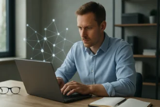 Férfi laptopon dolgozik, háttérben hálózati kapcsolat ikonok.