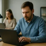 Két informatikus dolgozik laptopon egy modern irodában.