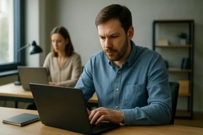 Két informatikus dolgozik laptopon egy modern irodában.