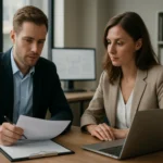 Két üzleti szakember szerződés áttekintése egy irodában.