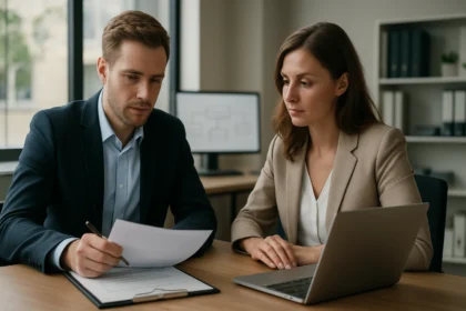 Két üzleti szakember szerződés áttekintése egy irodában.