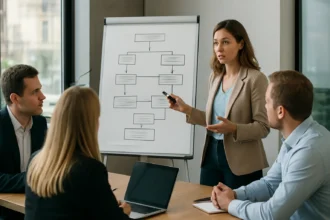 Válságkommunikációs terv megbeszélése üzleti környezetben.