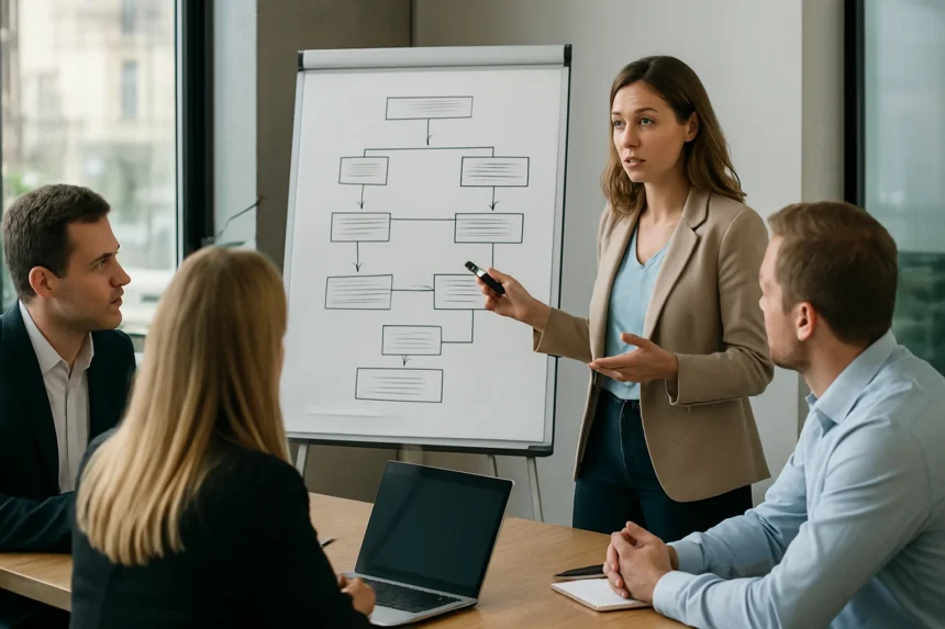 Válságkommunikációs terv megbeszélése üzleti környezetben.