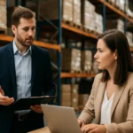 Disztribútori megbeszélés egy raktérben, logisztikai funkciók