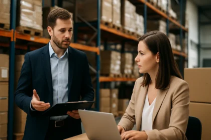 Disztribútori megbeszélés egy raktérben, logisztikai funkciók