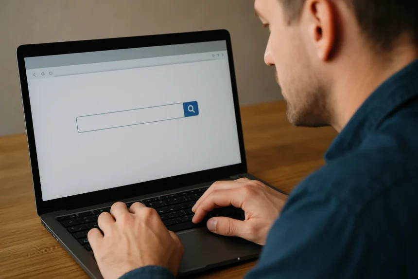 Férfi gépel a laptopon a böngésző címsorában