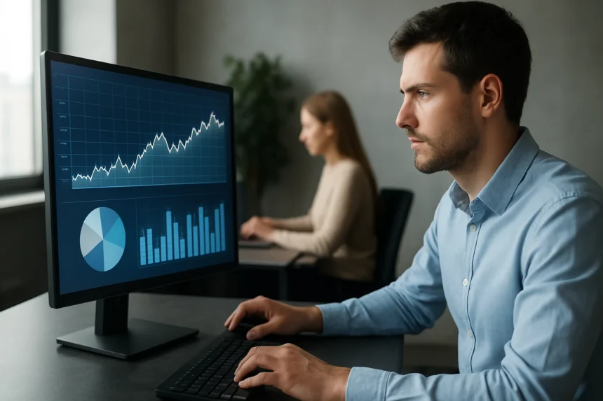Két ember dolgozik számítógépen digitális adatokkal és grafikonokkal.