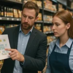 Planogram diagramot mutató férfi és nő az üzletben