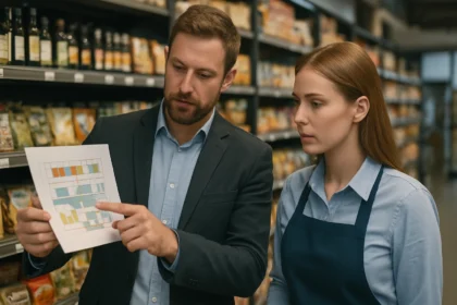 Planogram diagramot mutató férfi és nő az üzletben