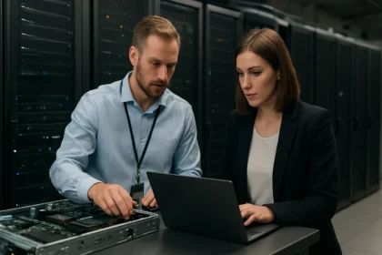 Két szakértő a hiperkonvergens infrastruktúra architektúráján dolgozik adatközpontban.