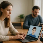 Nő digitális avatárt használ laptopján, férfi telefonozik.