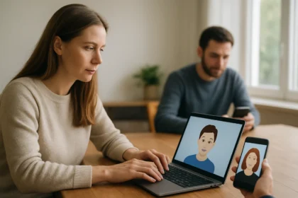 Nő digitális avatárt használ laptopján, férfi telefonozik.