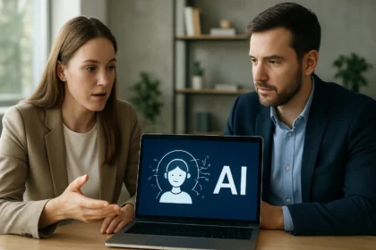 Két szakember AI asszisztensről beszél egy laptop előtt.