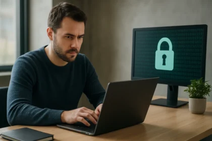 Férfi számítógépen dolgozik a titkosítás és adatvédelem témájában