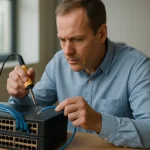 Technikus 100 Gigabit Ethernet eszközzel dolgozik.