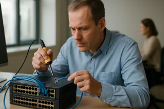 Technikus 100 Gigabit Ethernet eszközzel dolgozik.