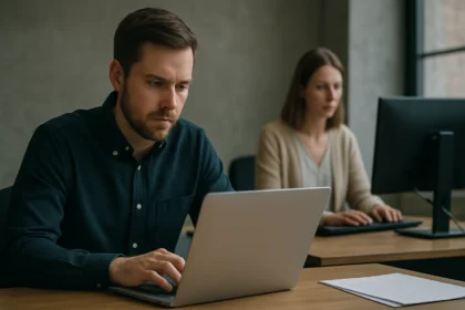 Férfi laptopon dolgozik, nő háttérben számítógépet használ.