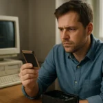 Férfi PC Card-ot vizsgál egy régi számítógép előtt