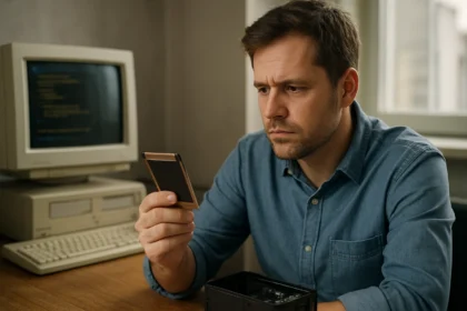 Férfi PC Card-ot vizsgál egy régi számítógép előtt