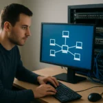 Férfi számítógépes hálózatot tervező munkatárs