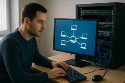 Férfi számítógépes hálózatot tervező munkatárs