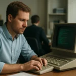 Fiatal férfi miniszámítógépen dolgozik irodai környezetben.