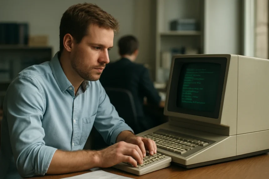 Fiatal férfi miniszámítógépen dolgozik irodai környezetben.