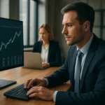 Férfi pénzügyi szakember számítógépen dolgozik, háttérben női kolléga.