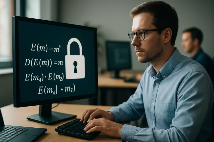 Férfi számítógép elégedettséggel, homomorf titkosítási eljárásokkal.