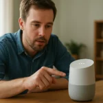 Férfi interakciója egy hangasszisztenssel otthonában.