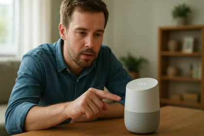 Férfi interakciója egy hangasszisztenssel otthonában.