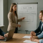 Női üzleti elemző prezentál egy értékláncot a tanácsadó csapatnak.