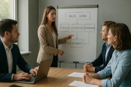 Női üzleti elemző prezentál egy értékláncot a tanácsadó csapatnak.