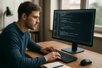 Programozó fiatal férfi, BASIC kódot ír a számítógépén.