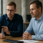 Két informatikai szakember teljesítménymutatókat elemez számítógépen.