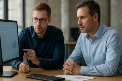 Két informatikai szakember teljesítménymutatókat elemez számítógépen.