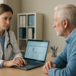 Orvos konzultál egy pácienssel elektronikus egészségügyi nyilvántartással