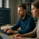 Két fejlesztő kódot ír egy számítógépen, a képernyőn forráskód látható.