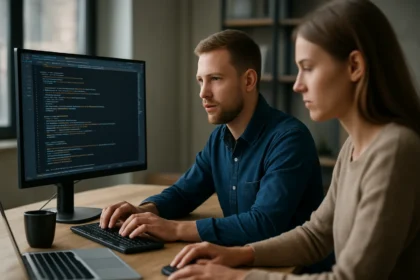 Két fejlesztő kódot ír egy számítógépen, a képernyőn forráskód látható.