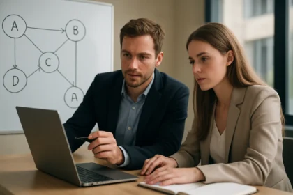 Két szakember adatfeldolgozással foglalkozik Causal AI témában.