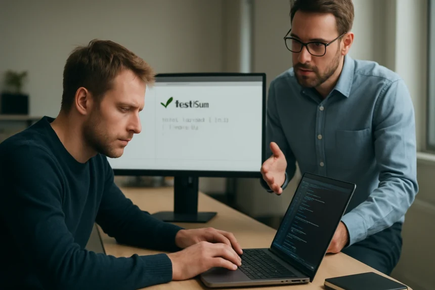 Két programozó tesztvezérelt fejlesztés során együttműködik.