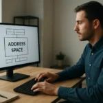 Férfi a számítógép előtt, címter ábrával a képernyőn.