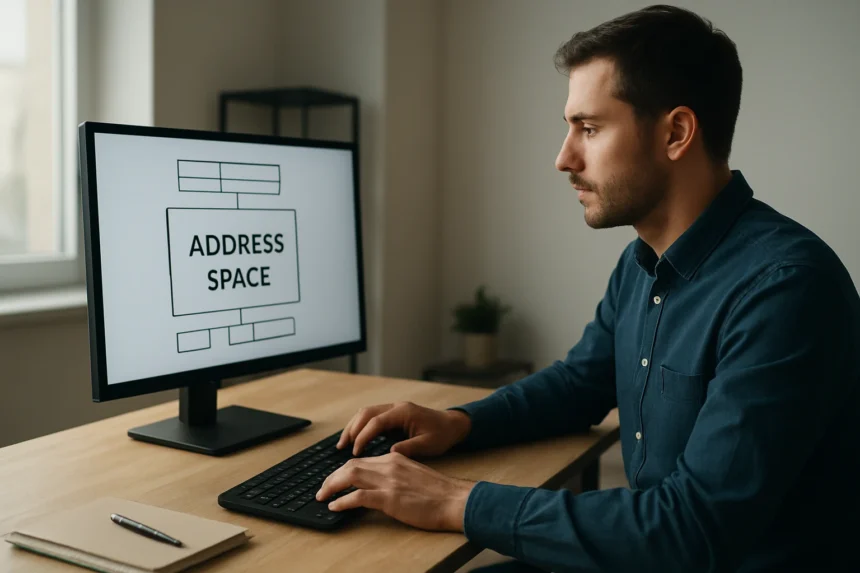 Férfi a számítógép előtt, címter ábrával a képernyőn.