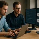 Két fejlesztő dolgozik sidecar proxy tervezési mintán számítógépen